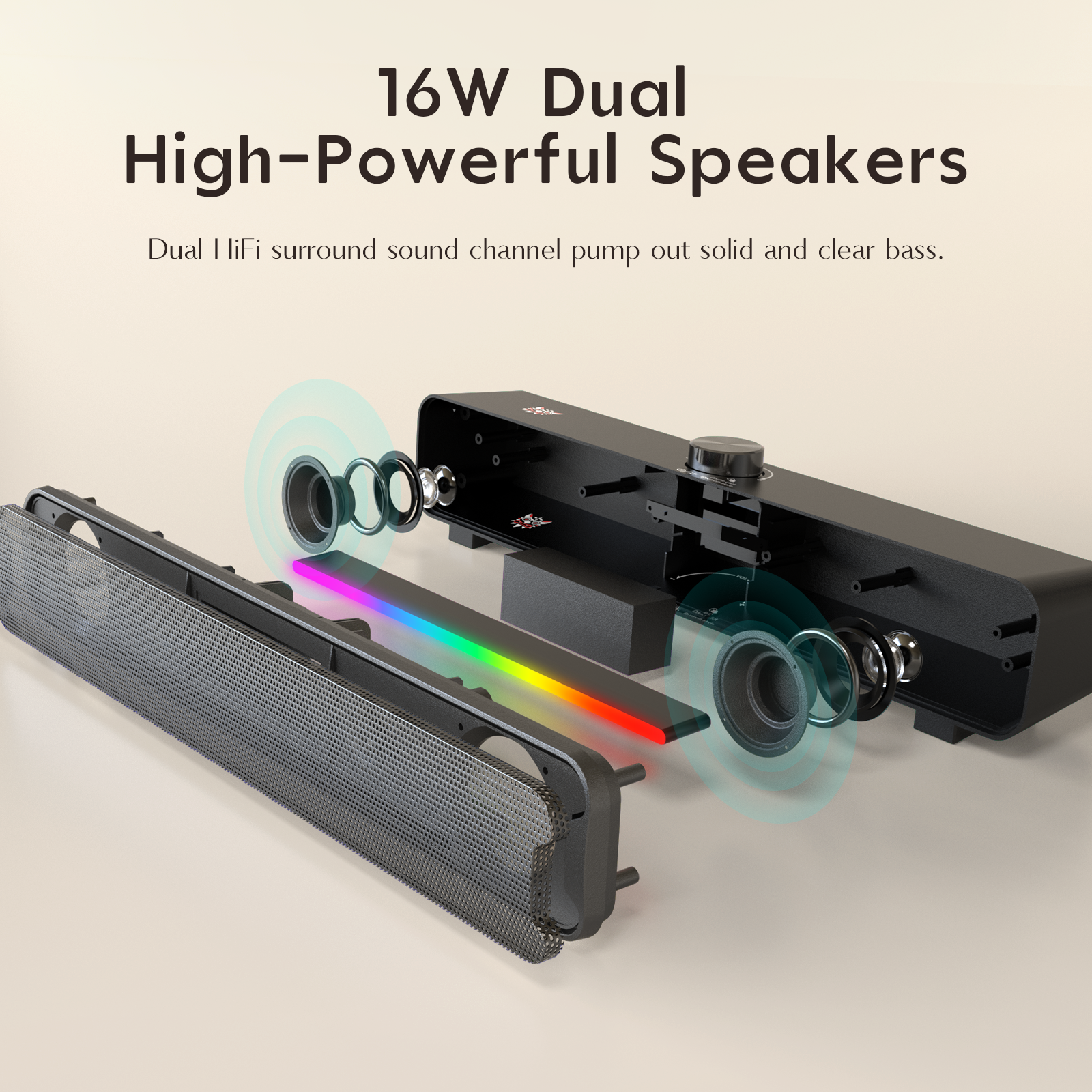 ONIKUMA L16 Bluetooth-compatible Speaker with RGB Light, Powerful Computer Speaker Portable Soundbar for TV Home Theater PC Gaming